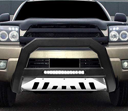 VXMOTOR for 2003-2009 Toyota 4Runner / Lexus GX470 Matte Black Blk AVT Style Aluminum LED Light Bull Bar - Brush Push Front Bumper Grill Grille Guard with Stainless Skid Plate